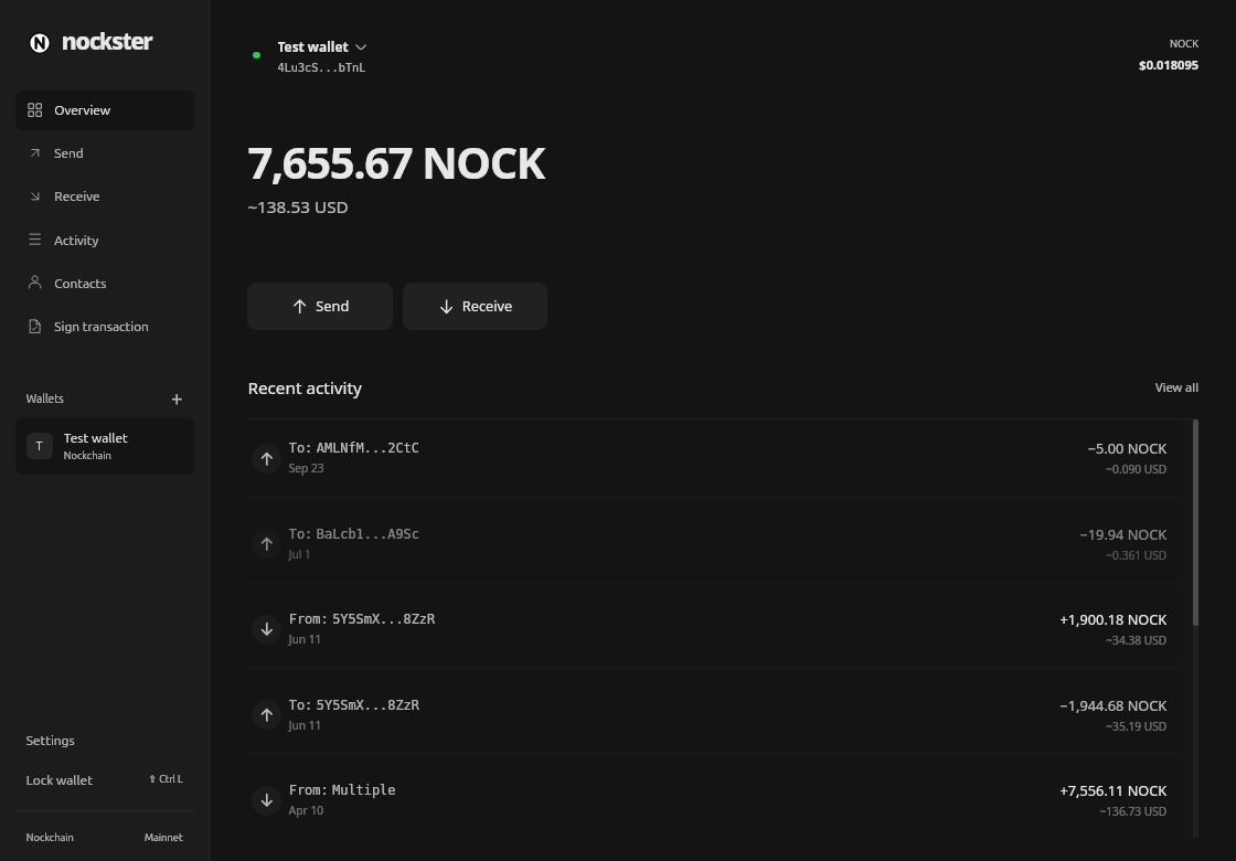 Nockster desktop wallet showing its balance, wallet sidebar, and recent transactions