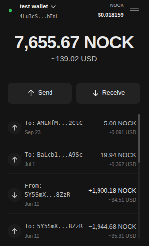 Nockster browser extension showing wallet balance, Send and Receive controls, and transaction history