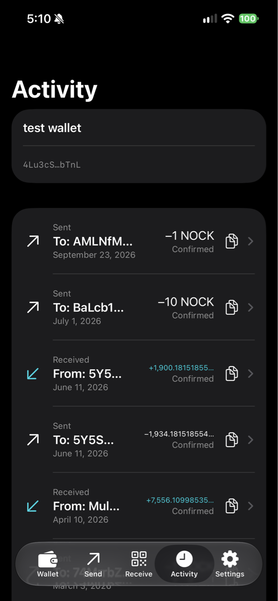 Nockster mobile app Activity screen showing wallet transactions